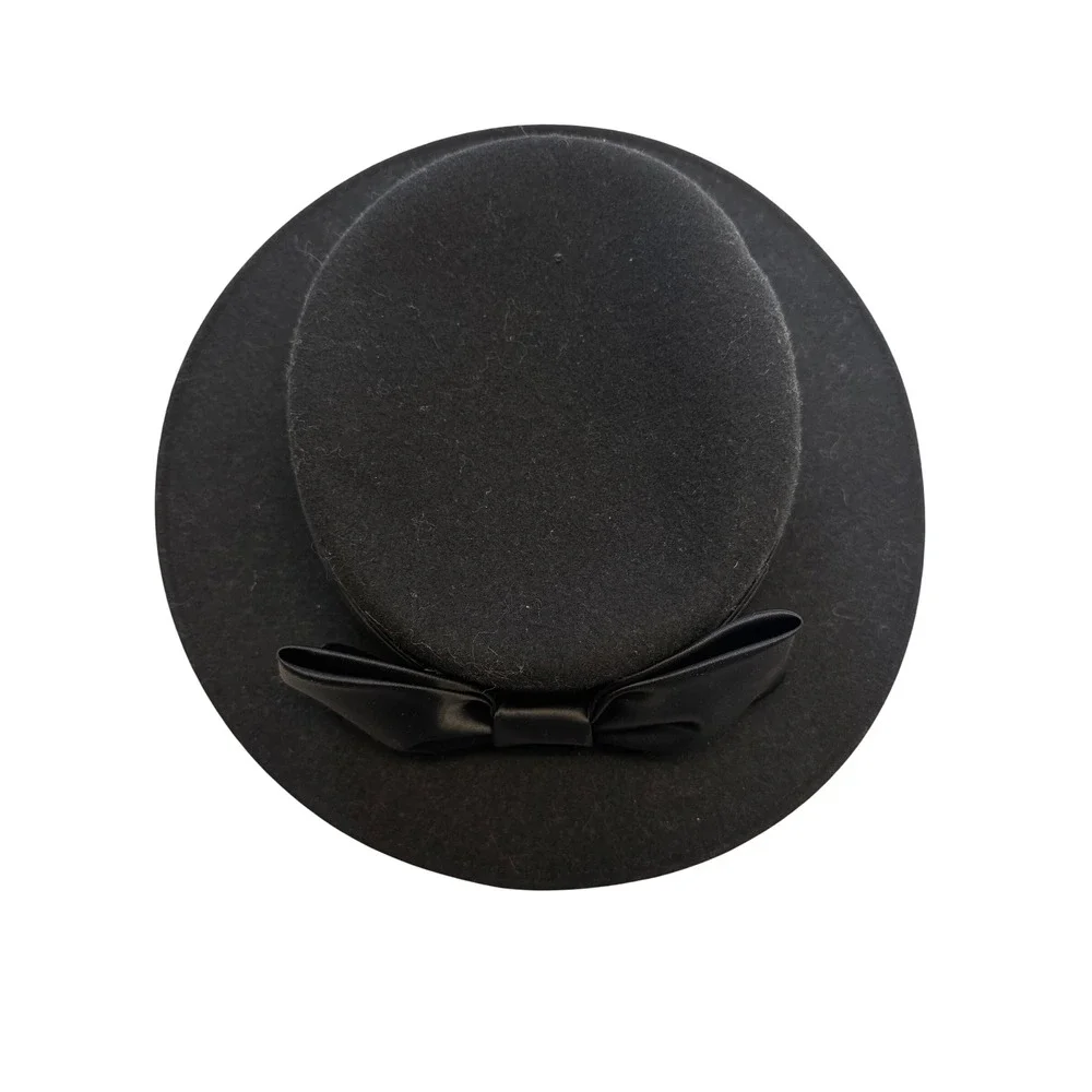 Michael Howard Vintage Black‎ 100% Wool Pillbox Hat Oversized Satin Bow Made USA